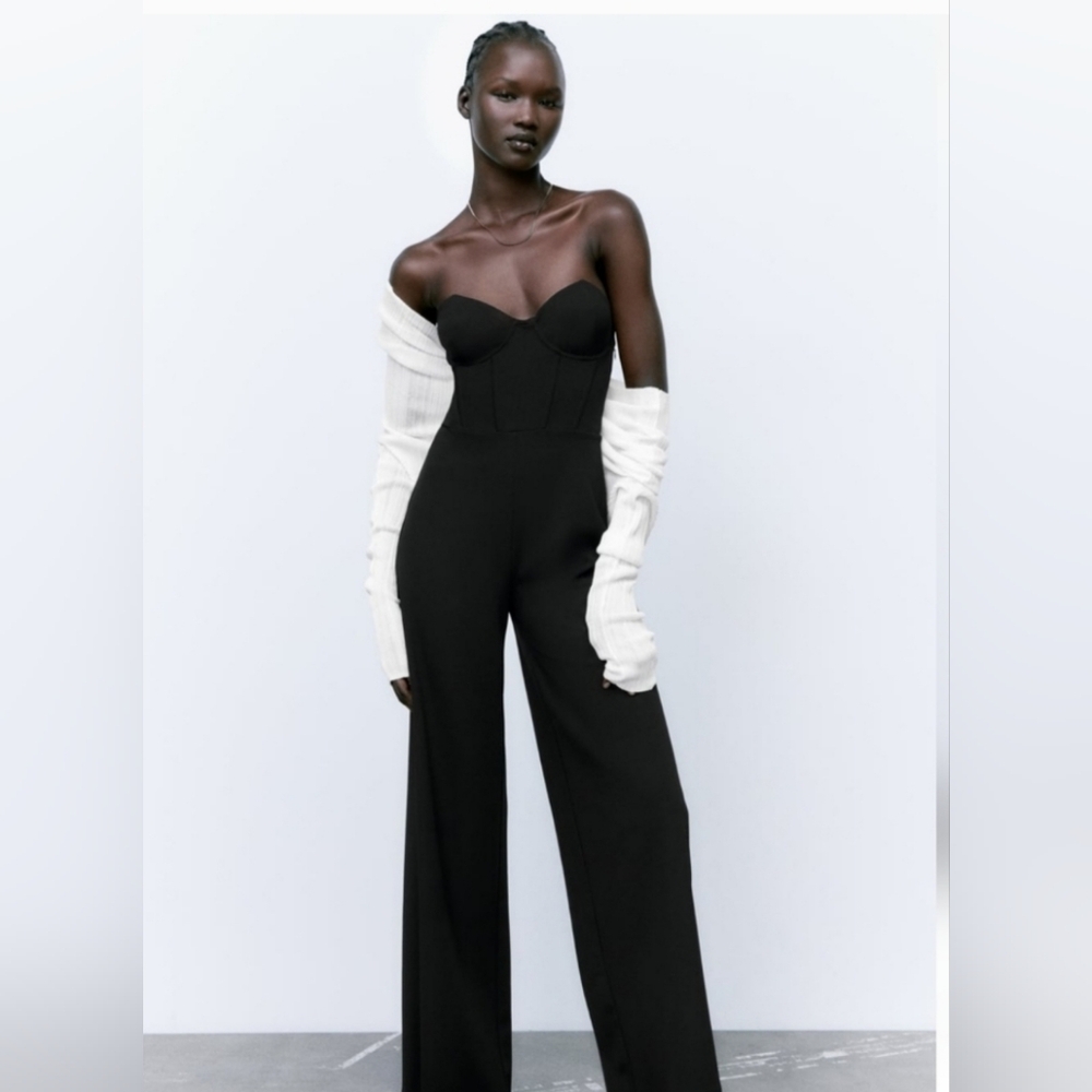 ZARA Black Strapless Sweetheart Neckline Jumpsuit M NWT Feminine Formal 091